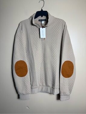 Cross &‎ Crown Sweater XL Tan Mock Neck Elbow Patch Textured Knit NWT